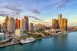 View of Detroit from the lake at sunrise